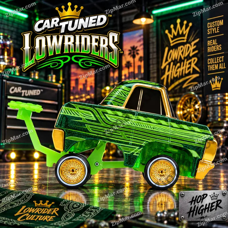 CarTuned Lowriders 64 Chevy Impala with neon green hopper chassis attached — spring-loaded front end raised showing hop action — metallic green body with gold trim — Hop Higher signage — lowrider chassis hydraulic feature demonstration