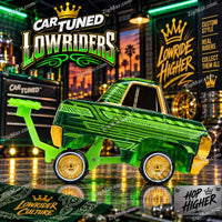 Thumbnail for CarTuned Lowriders 64 Chevy Impala with neon green hopper chassis attached — spring-loaded front end raised showing hop action — metallic green body with gold trim — Hop Higher signage — lowrider chassis hydraulic feature demonstration