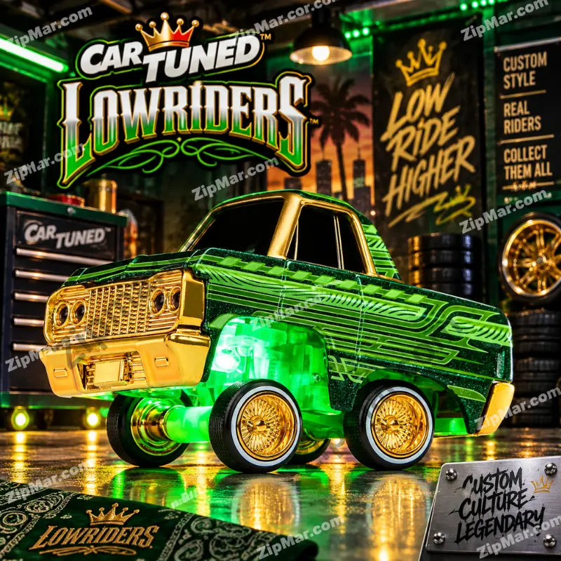CarTuned Lowriders 64 Chevy Impala LED chassis glow activated — green underglow lighting illuminating from beneath the car — metallic green and gold chrome body — front grille detail — Custom Culture Legendary backdrop — LED feature demonstration