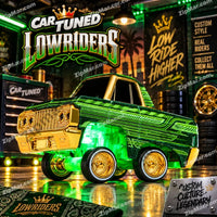 Thumbnail for CarTuned Lowriders 64 Chevy Impala LED chassis glow activated — green underglow lighting illuminating from beneath the car — metallic green and gold chrome body — front grille detail — Custom Culture Legendary backdrop — LED feature demonstration