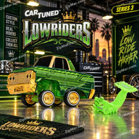 Thumbnail for CarTuned Lowriders 64 Chevy Impala out of package — deep metallic green with lime green tribal graphics and gold chrome — gold wire spoke wheels — neon green hopper chassis accessory beside car — CarTuned Lowriders Series 3 garage backdrop
