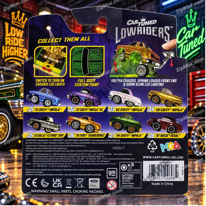 CarTuned Lowriders Series 3 package back — full series collect them all grid showing all 8 vehicles — product features LED switch hopper chassis custom paint — UPC barcode 035051246084 — MGA Entertainment item 14326J7 — made in China — ages 3 and up — GM and Ford officially licensed