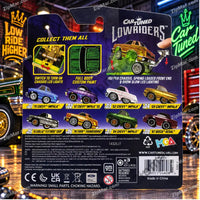 Thumbnail for CarTuned Lowriders Series 3 package back — full series collect them all grid showing all 8 vehicles — product features LED switch hopper chassis custom paint — UPC barcode 035051246084 — MGA Entertainment item 14326J7 — made in China — ages 3 and up — GM and Ford officially licensed