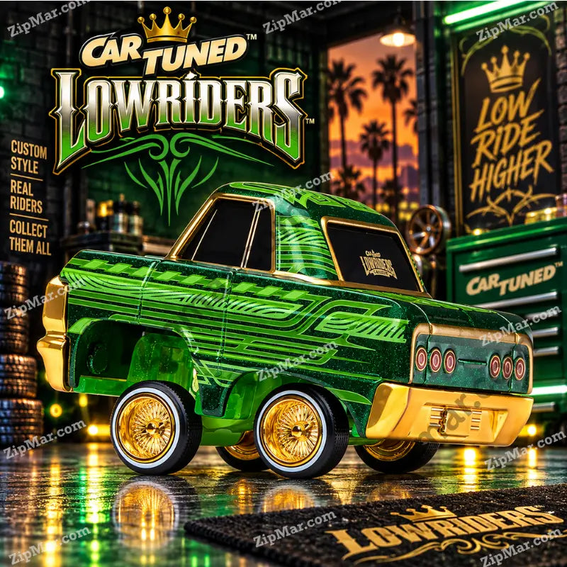 CarTuned Lowriders 64 Chevy Impala toy rear three-quarter view — metallic green body with lime green pinstripe graphics — gold chrome rear bumper and panel — triple taillight detail — gold spoke wheels — palm tree sunset backdrop with CarTuned Lowriders signage
