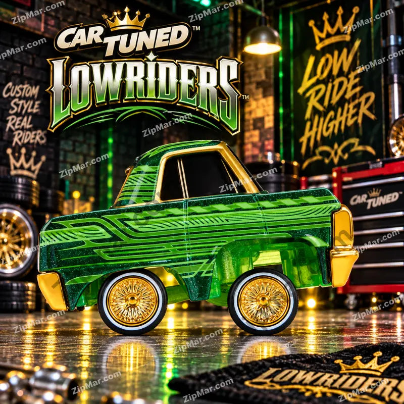 CarTuned Lowriders 1964 Chevy Impala toy side profile — full-body metallic green custom paint with tribal pinstripe graphics — gold chrome bumpers and accent panels — gold wire spoke wheels with whitewall tires — CarTuned Lowriders branding backdrop