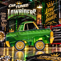 Thumbnail for CarTuned Lowriders 1964 Chevy Impala toy side profile — full-body metallic green custom paint with tribal pinstripe graphics — gold chrome bumpers and accent panels — gold wire spoke wheels with whitewall tires — CarTuned Lowriders branding backdrop