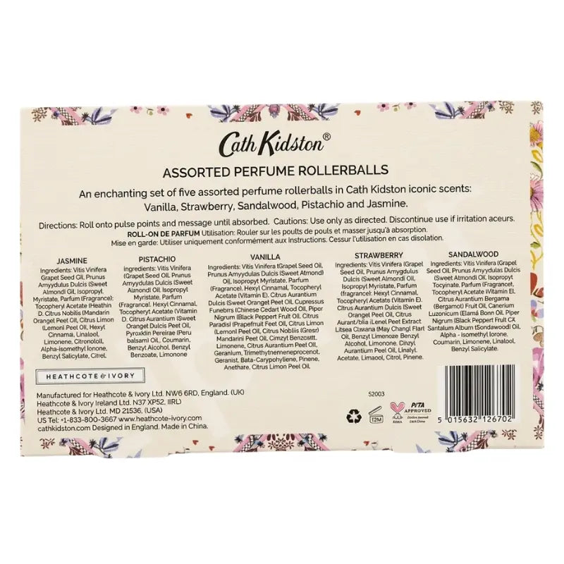 Cath Kidston Assorted Perfume Rollerballs gift set back showing full ingredient lists Heathcote Ivory branding barcode