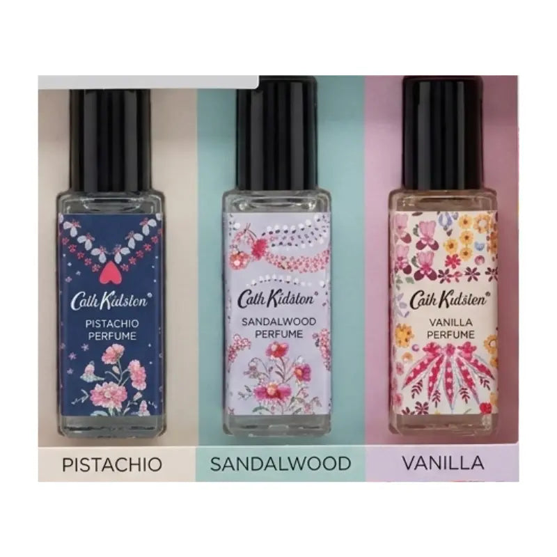 Cath Kidston perfume rollerballs Pistachio Sandalwood and Vanilla three bottles detail view