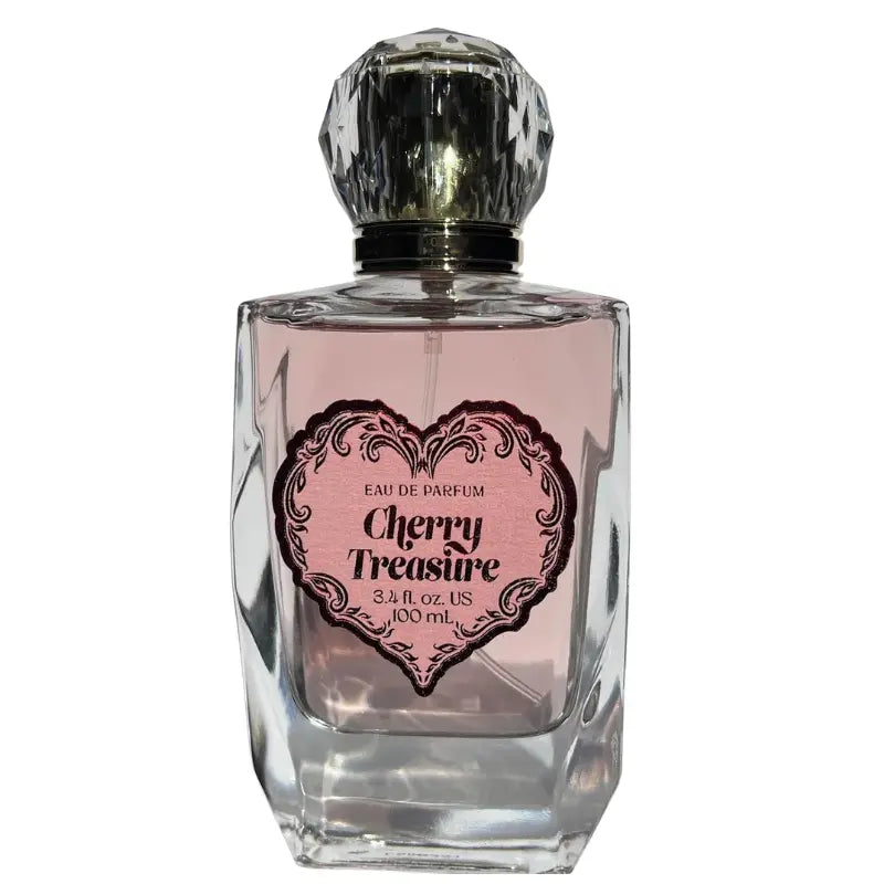 Front view of the Cherry Treasure women's perfume bottle featuring the red heart label and jewel-like cap.