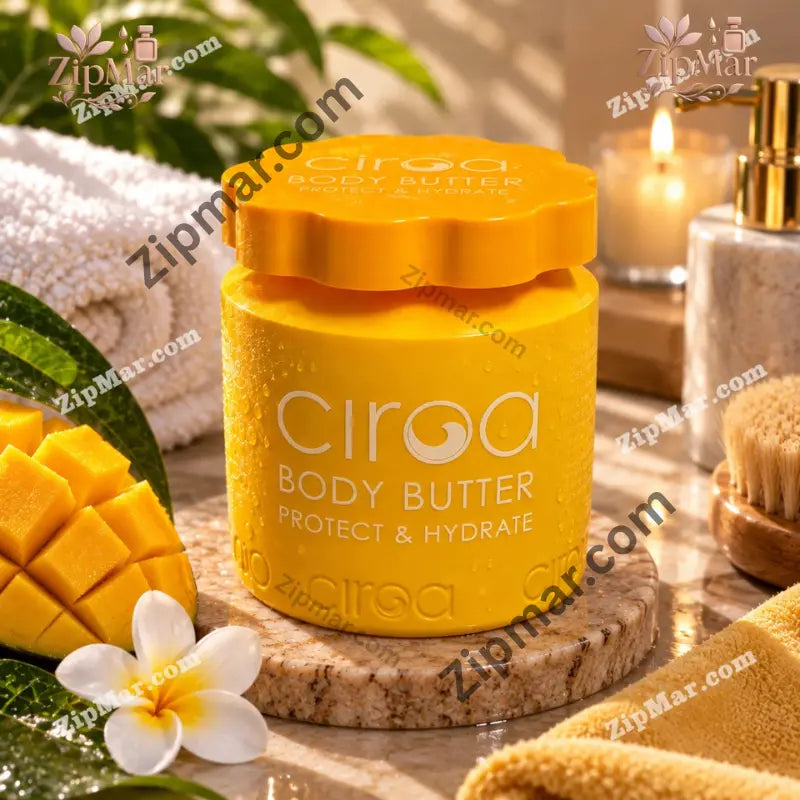 Ciroa Body Butter Protect and Hydrate yellow jar with scalloped orange lid beside fresh mango and a frangipani flower
