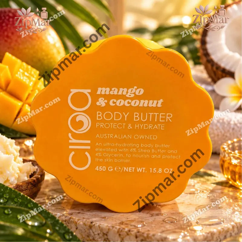 Lid of Ciroa Mango and Coconut Body Butter showing 450 g, 15.8 oz, Australian owned and 6% shea butter and 4% glycerin
