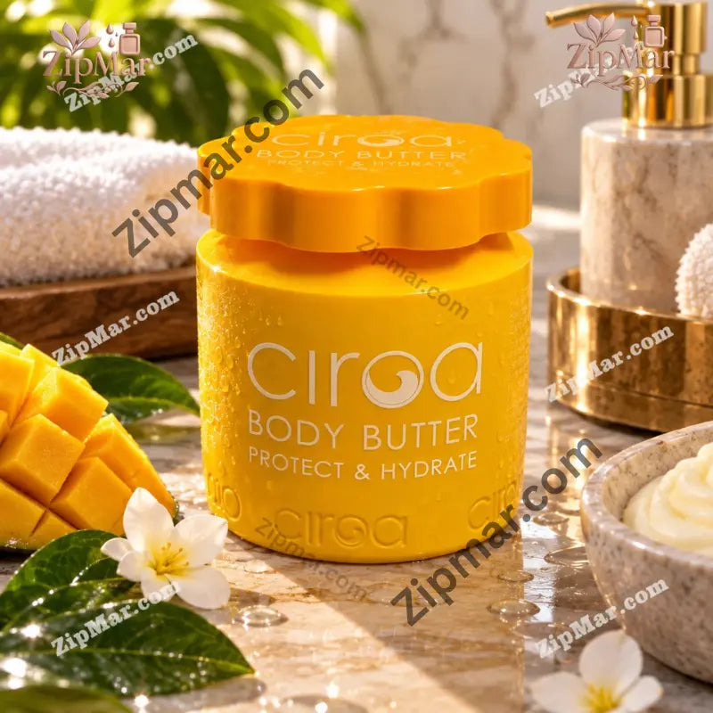 Ciroa Body Butter yellow jar on a marble tray with mango, white flowers and a towel