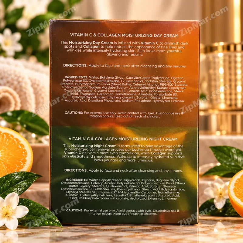 Back panel of Clear Beauty Vitamin C and Collagen Duo Pack box showing directions and ingredients for Day and Night Creams