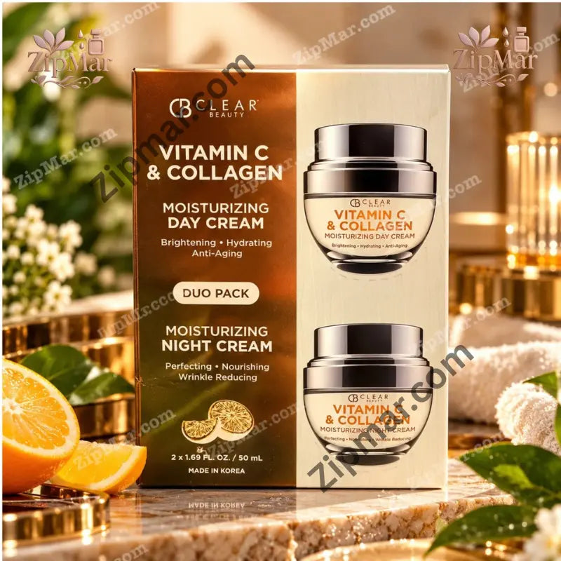 Clear Beauty Vitamin C and Collagen day cream and night cream duo pack box with two 50 mL jars among orange slices