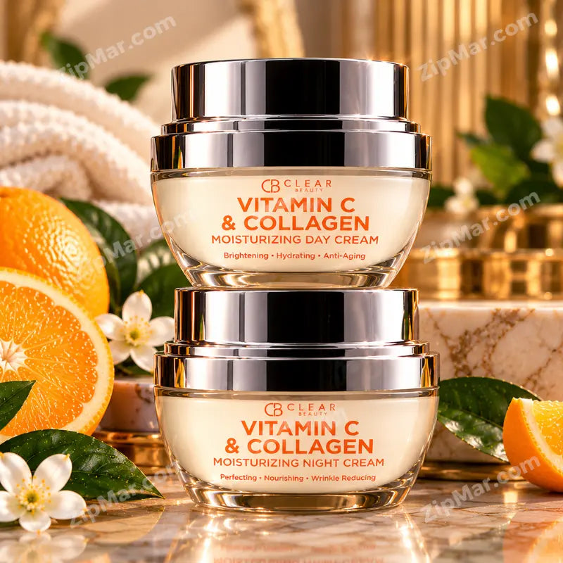 Stacked glass jars of Clear Beauty Vitamin C and Collagen Day Cream and Night Cream with metallic silver lids