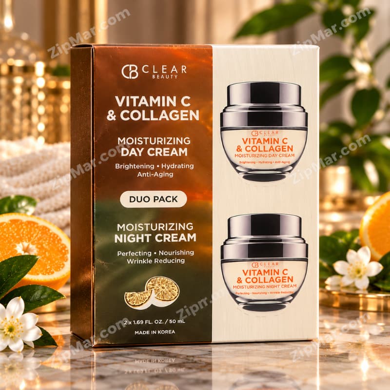 Front view of Clear Beauty Vitamin C and Collagen Moisturizing Day Cream and Night Cream Duo Pack outer box packaging