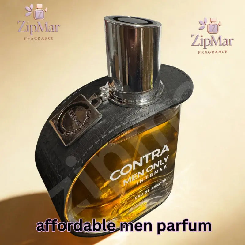Contra Men Only Intense Eau de Parfum bottle at an angle showing silver charm tag, black band and silver cap