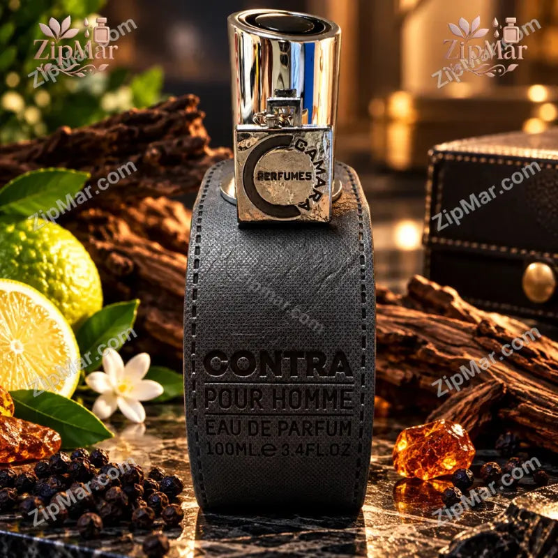 Contra Eau de Parfum 100ml bottle with a black textured strap and silver cap