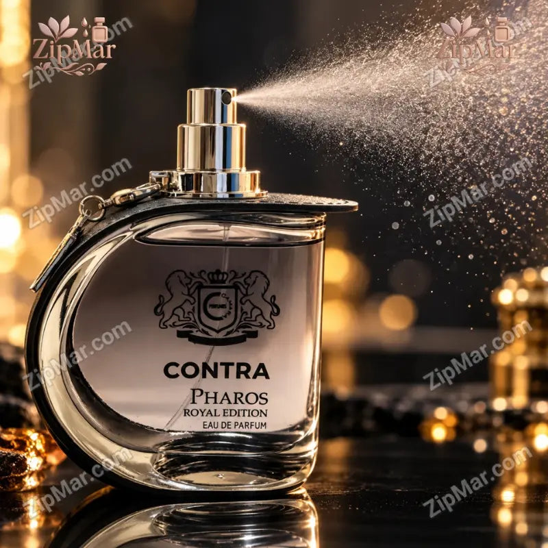 Contra Pharos Royal Edition Eau de Parfum bottle spraying a fine mist