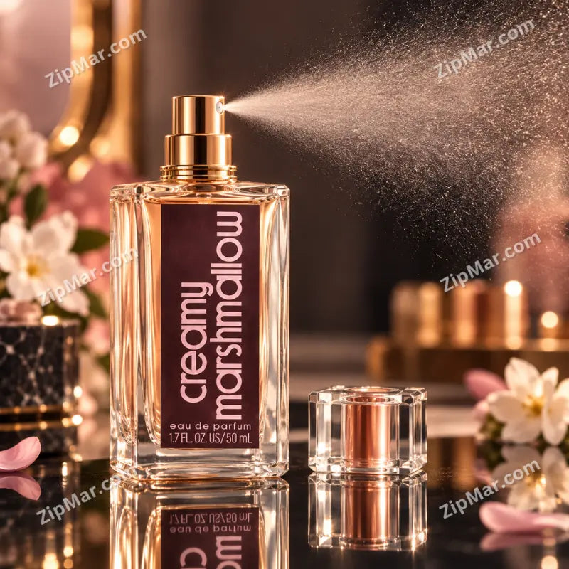 Creamy Marshmallow eau de parfum 1.7 fl oz 50 ml bottle with plum label, spraying beside a clear cap with rose gold insert