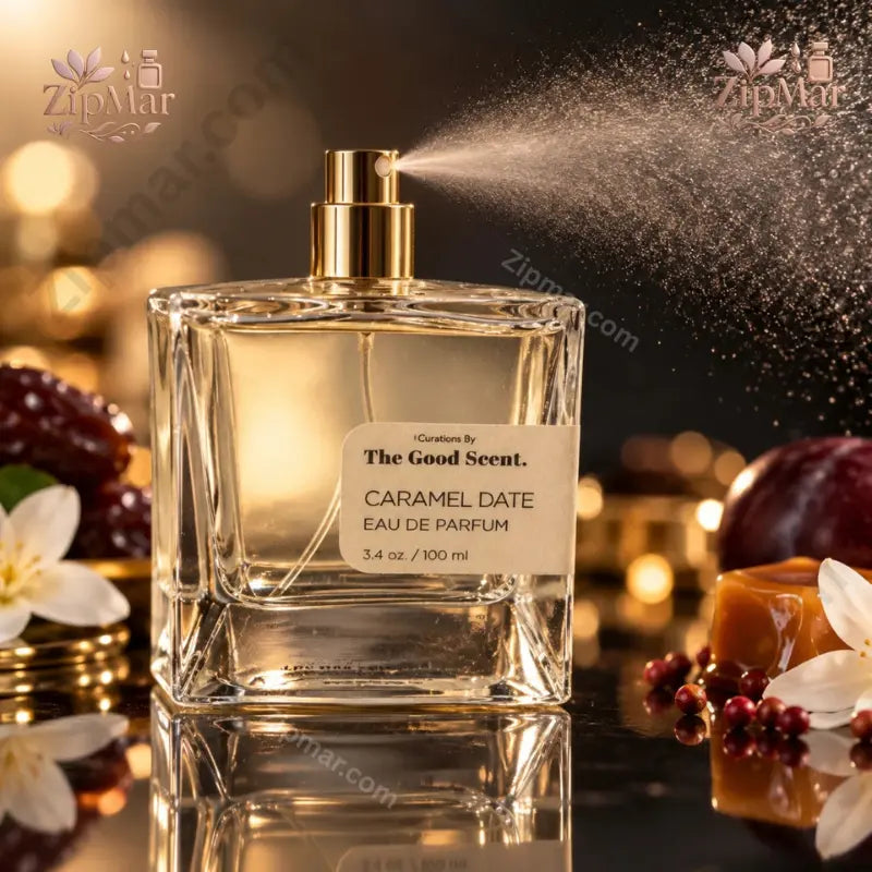 Curations By The Good Scent Caramel Date Eau De Parfum 3.4 oz 100 ml bottle with ingredients surround