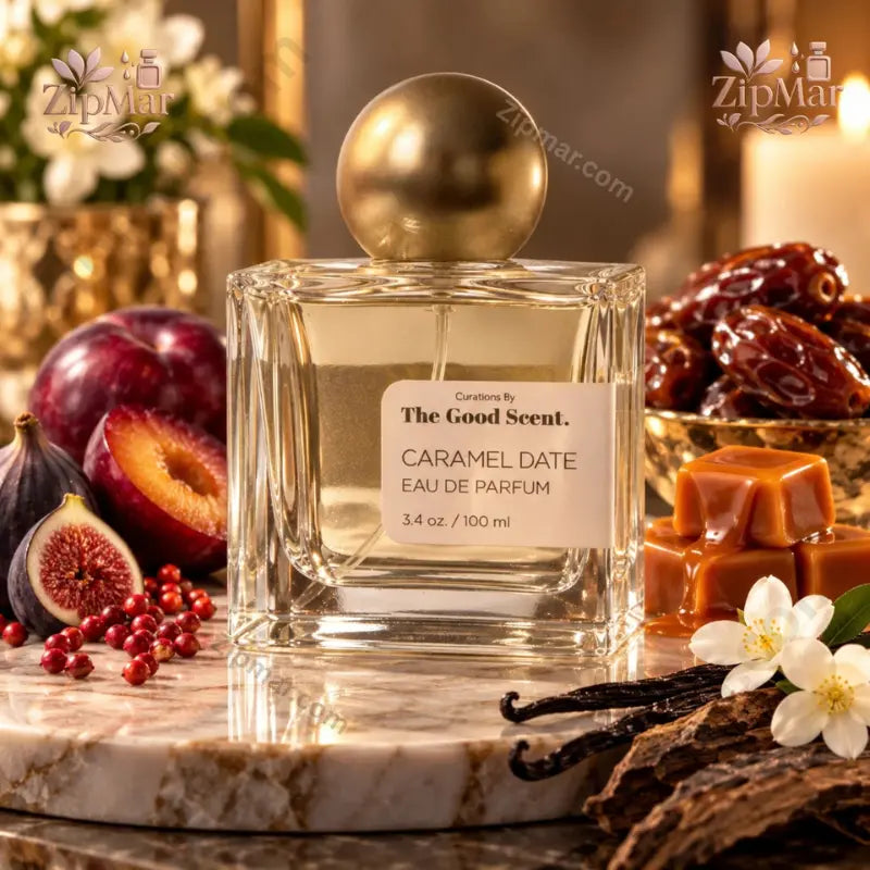 Front view of Curations By The Good Scent Caramel Date Eau De Parfum glass bottle
