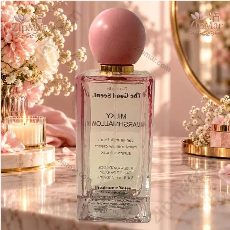 Back view of Curations By The Good Scent Milky Marshmallow Eau De Parfum bottle listing fragrance notes