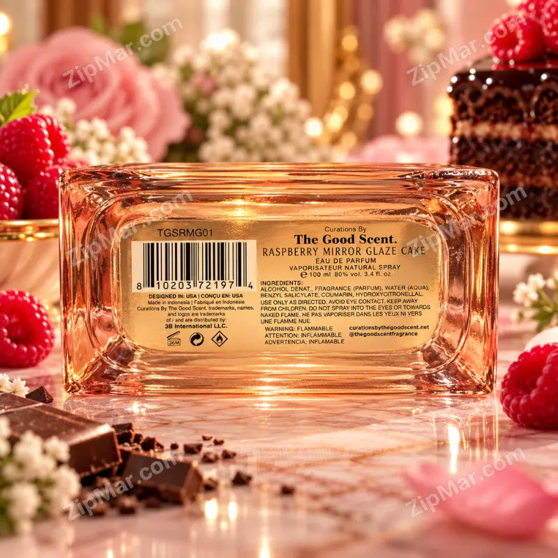 Bottom label of Curations By The Good Scent Raspberry Mirror Glaze Cake bottle showing barcode 810203721974 and style TGSRMG01