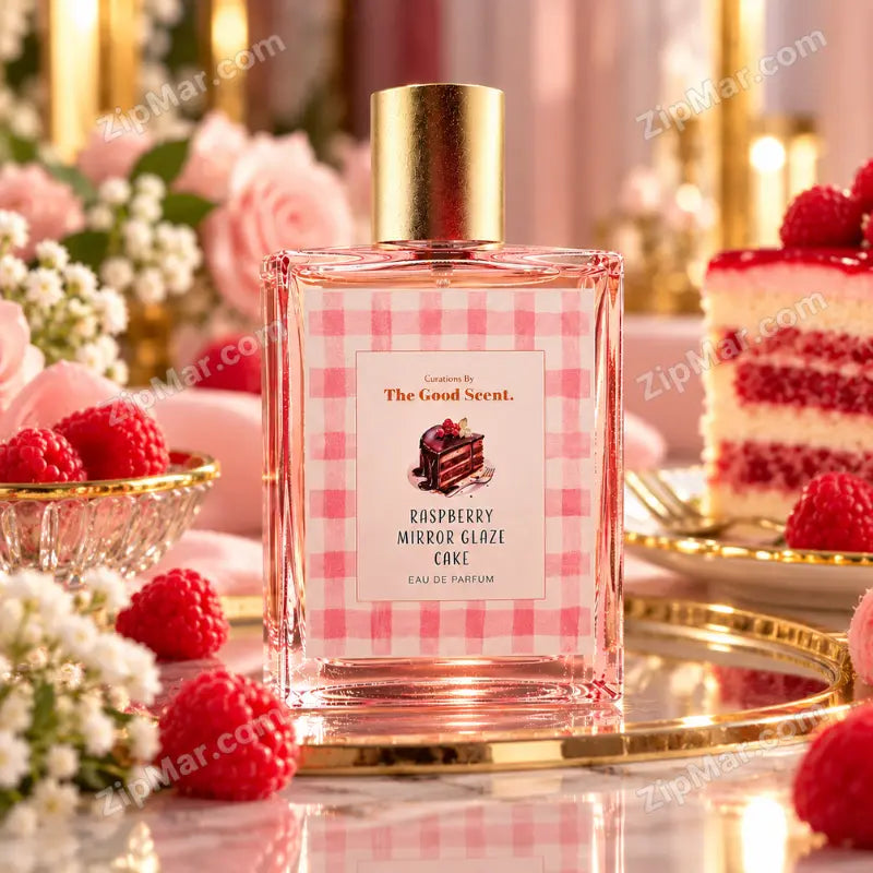 Curations By The Good Scent Raspberry Mirror Glaze Cake Eau de Parfum 3.4 fl oz bottle displayed on a gold tray with fresh raspberries