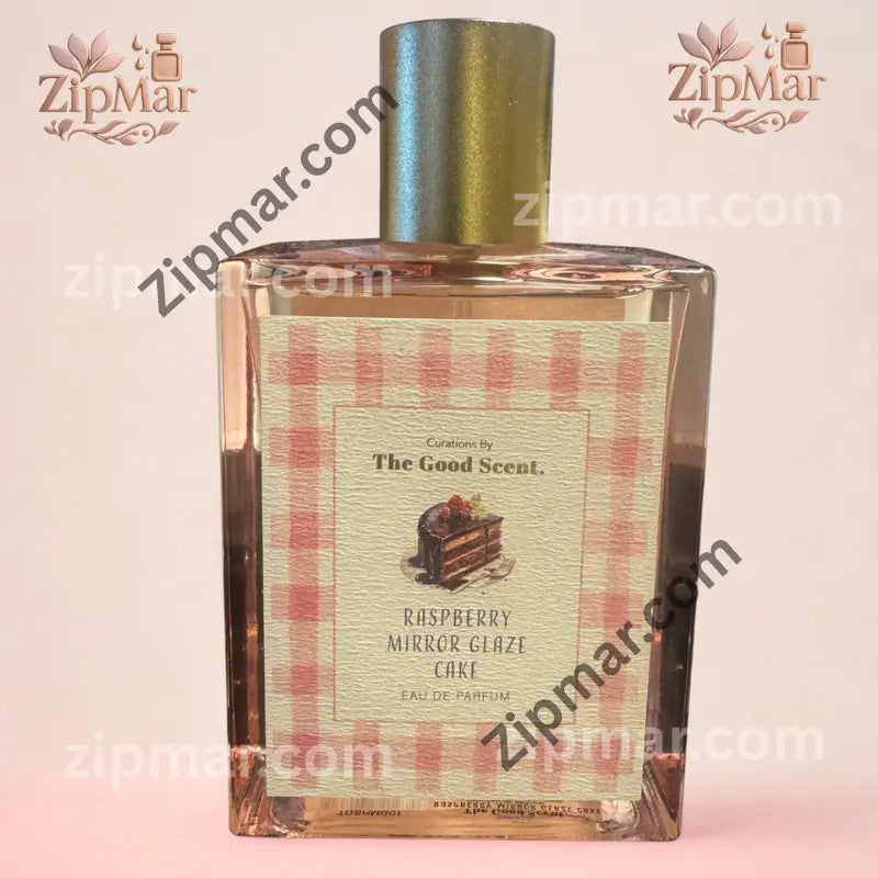 Curations By The Good Scent Raspberry Mirror Glaze Cake 100 ml eau de parfum bottle with chocolate raspberry cake label and gold cap