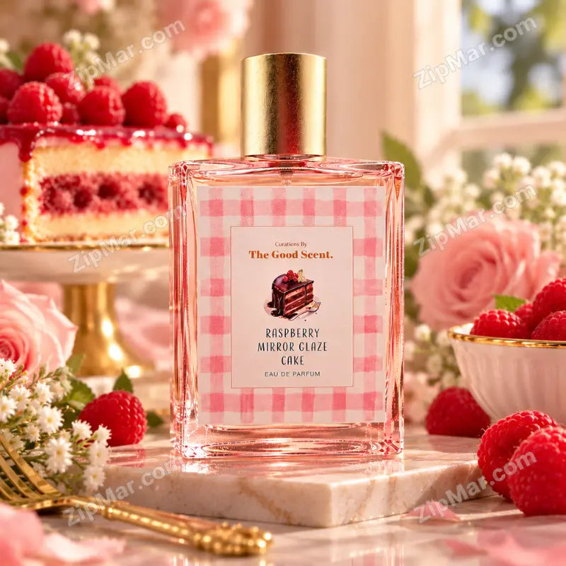 Front view of Curations By The Good Scent Raspberry Mirror Glaze Cake Eau de Parfum bottle with pink gingham label