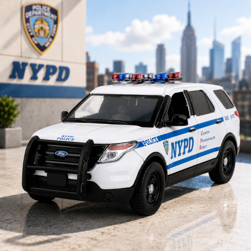 Daron NYPD Ford Police Interceptor diecast model lifestyle scene with NYC skyline