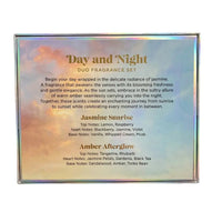 Thumbnail for Day and Night Duo Fragrance Set back showing full fragrance notes for Jasmine Sunrise and Amber Afterglow