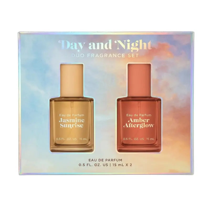 Day and Night Duo Fragrance Set holographic box front showing Jasmine Sunrise and Amber Afterglow 15ml EDP bottles