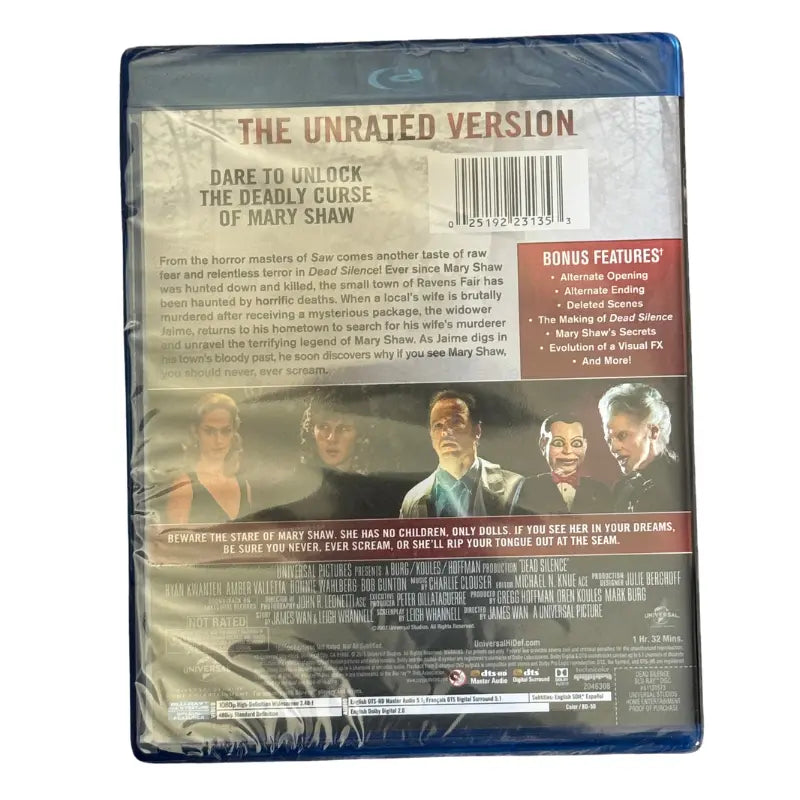 Back cover of Dead Silence Unrated Blu-ray showing synopsis, bonus features, and UPC barcode