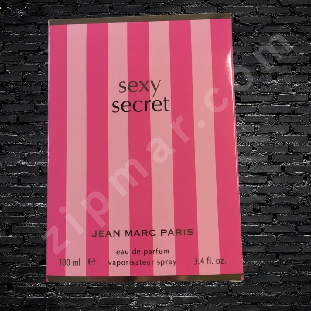 Pink striped perfume bottle packaging with 'sexy secret' text on a black brick wall background
