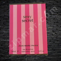 Thumbnail for Pink striped perfume bottle packaging with 'sexy secret' text on a black brick wall background