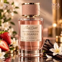 Thumbnail for Diane Castel Paris Eleganza Eau De Parfum 3.3 fl oz bottle with pink leatherette cap surrounded by strawberries and vanilla