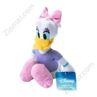 Thumbnail for Disney Daisy Duck plush stuffed animal with pink bow in purple top, Disney hang tag showing age 2 and up, seated front view