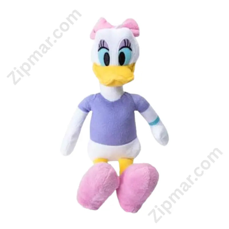 Disney Daisy Duck plush stuffed animal standing front view with pink bow and purple dress top
