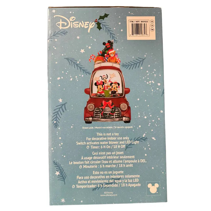 Disney Holiday Water Spinning Car box back showing specs and timer details