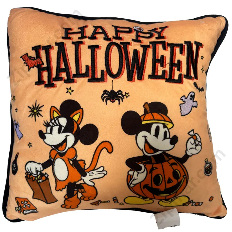Disney Mickey Mouse pumpkin costume and Minnie Mouse cat costume Happy Halloween embroidered throw pillow orange velvet with black trim front view