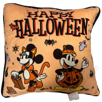 Thumbnail for Disney Mickey Mouse pumpkin costume and Minnie Mouse cat costume Happy Halloween embroidered throw pillow orange velvet with black trim front view