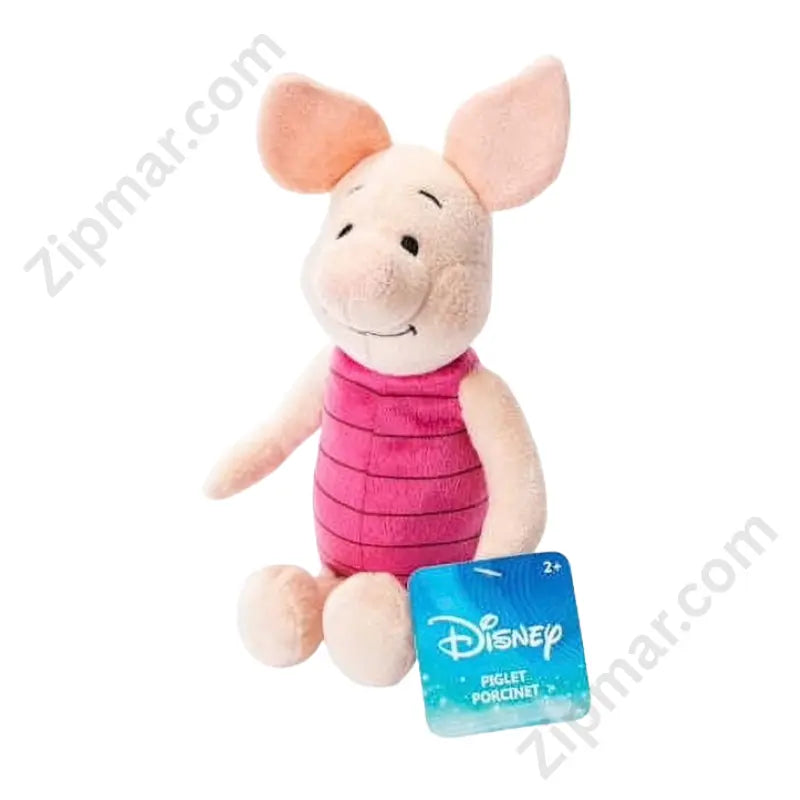 Disney Piglet plush stuffed animal seated in pink ribbed top with Disney hang tag showing age 2 and up, front view