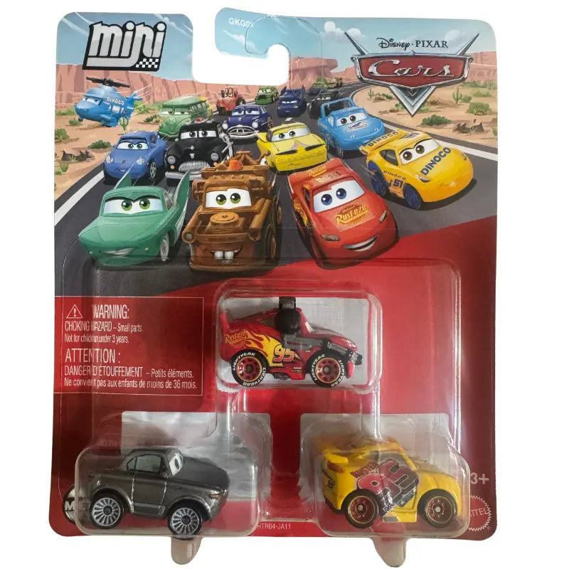 Front packaging of the Disney Pixar Cars Mini Racers 3-pack featuring Lightning McQueen, Cruz Ramirez, and Sterling
