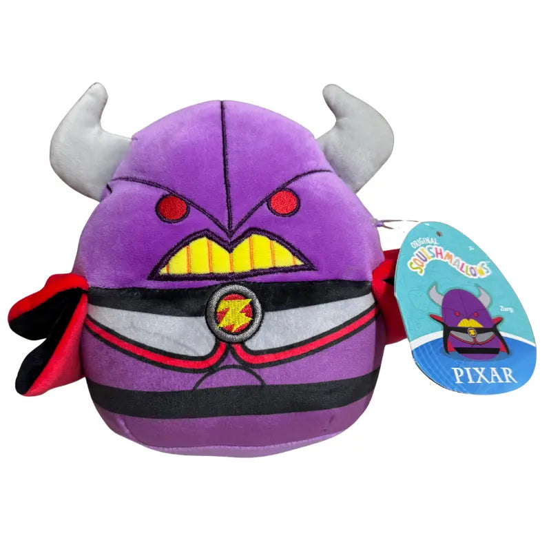 Front view of the 8-inch Disney Pixar Zurg Squishmallows plush toy with the round blue hang tag attached.