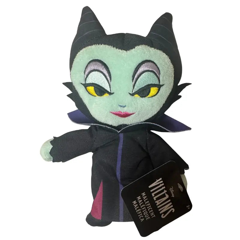 Disney Villains Maleficent official chibi plush front view with hang tag showing Disney Villains branding and horned headdress