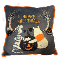 Thumbnail for Disney Winnie the Pooh and Tigger Happy Halloween throw pillow in charcoal gray velvet with orange piping trim front view