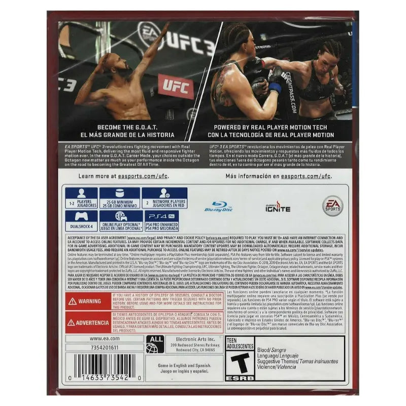 EA Sports UFC 3 PS4 PlayStation Hits Edition back cover showing game specs Real Player Motion PS4 Pro enhanced ESRB T rating
