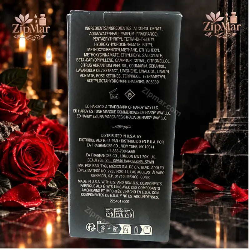 Back view of Ed Hardy Skulls & Roses Eau De Toilette box showing full ingredient list